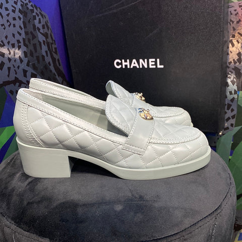 Chanel Light Teal Quilted Chunky Heeled 'Moccasin' Loader with Gold Heart Charm