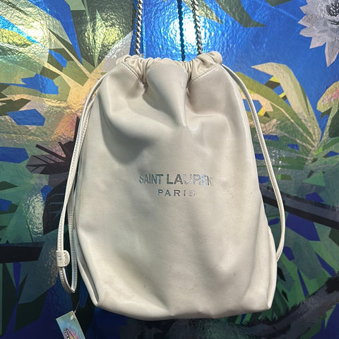 Saint Laurent Beige Leather Drawstring Bucket Bag with Silver Hardware