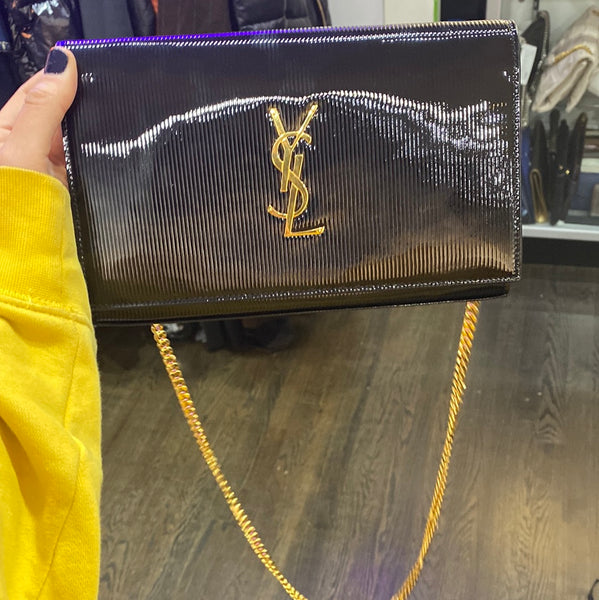 Saint Laurent Black Patent Leather Puffy Clutch with Gold Crossbody Hardware