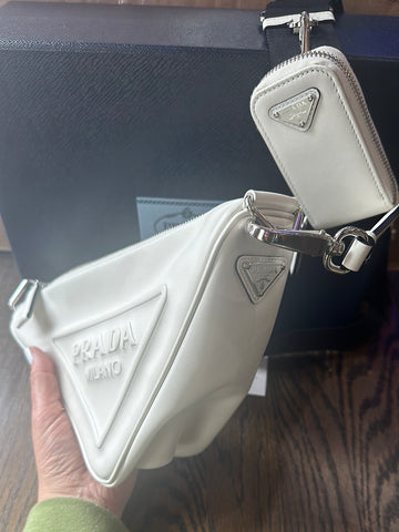 Prada White Leather Triangle Shoulder Bag