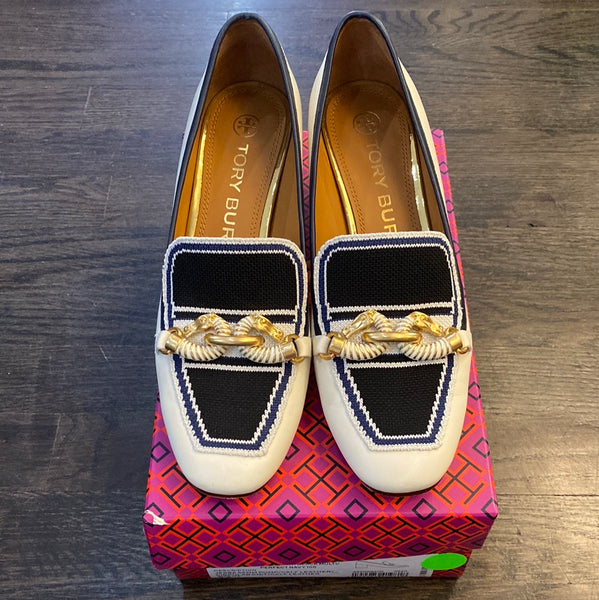 Tory Burch 'JESSA' Ivory Leather Wooden Heel Loafer with Gold Links