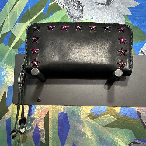 Jimmy Choo Black Leather 'FILIPA' Wallet with Pink Stars