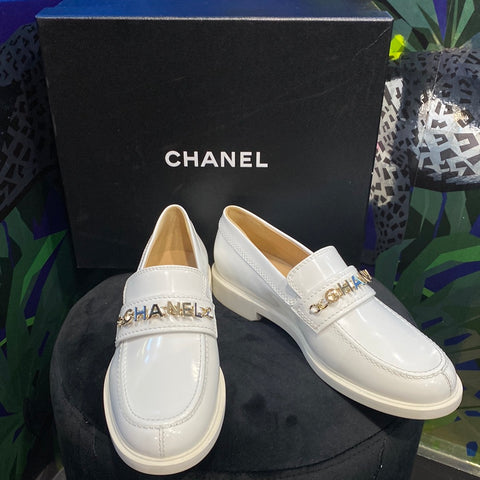 Chanel White Patent Leather Loafer with Gold CHANEL chain