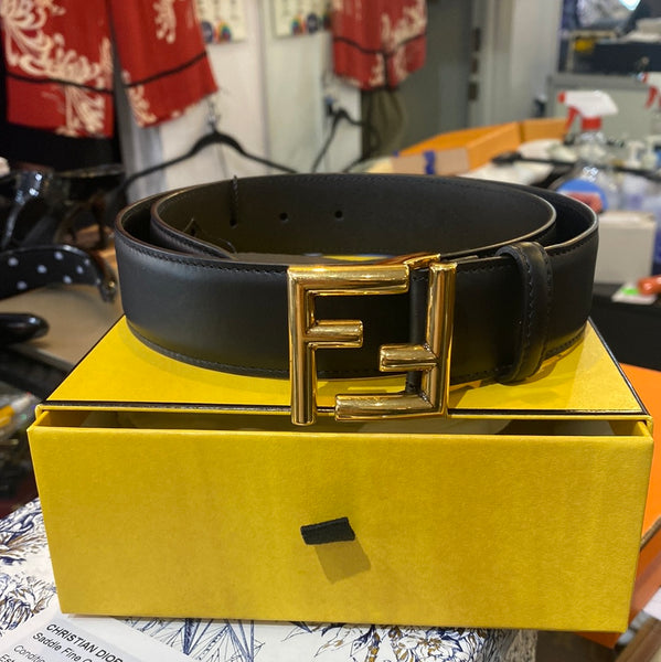 FENDI Black Calfskin Leather Gold FF Belt