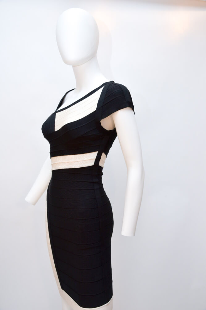 Herve Leger Black and White Cap Short Sleeve Bandage Dress – The Hangout Herve Leger Black and White Cap Short Sleeve Bandage Dress – The Hangout