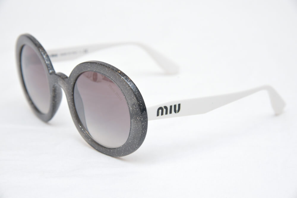 Miu Miu Sunglasses in Smoke Glitter Silver NWT MIU MIU SMU 13N Round Smoke Pewter Glitter Frame W/Gold  main image 4