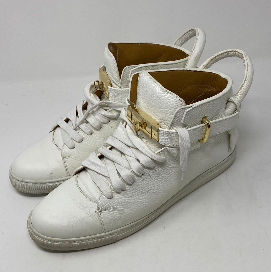 BUSCEMI White Leather Sneaker with Gold Lock and Key The