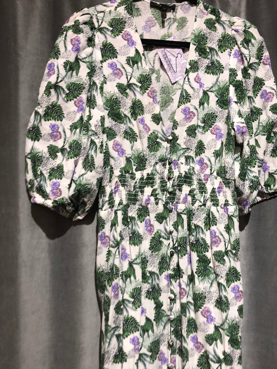 MAJE White Short Sleeve V Neck Button Dress with Green Leaf and Purple –  The Hangout