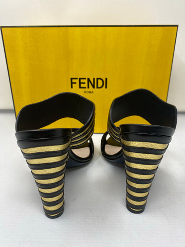 Fendi Roma Black and Gold Striped Leather Sandal