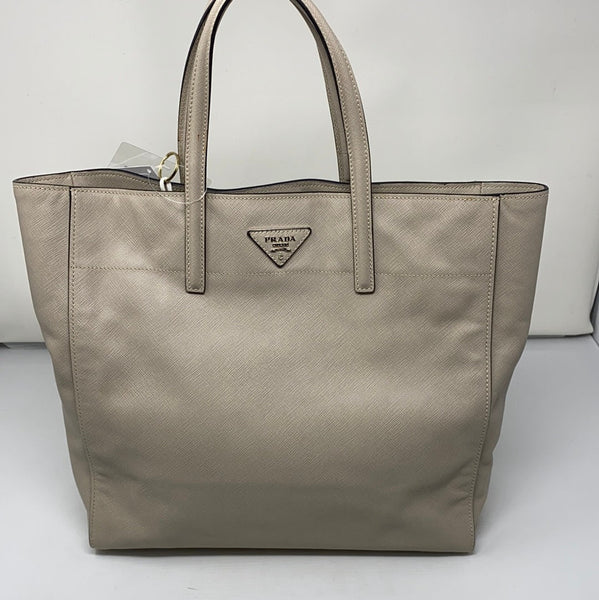 Prada Beige Saffiano Leather Top Handle Tote with Cross Body Strap and Silver Hardware