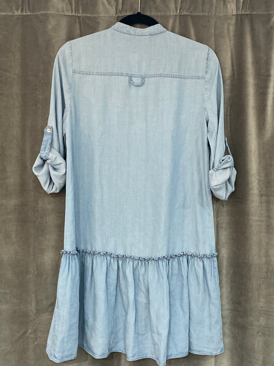 Zara Light Wash Short Denim Collarless Shirt Dress with Bottom Ruffle – The Hangout