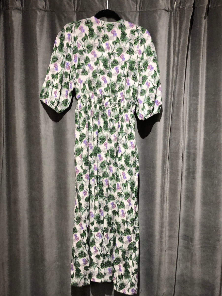MAJE White Short Sleeve V Neck Button Dress with Green Leaf and Purple –  The Hangout