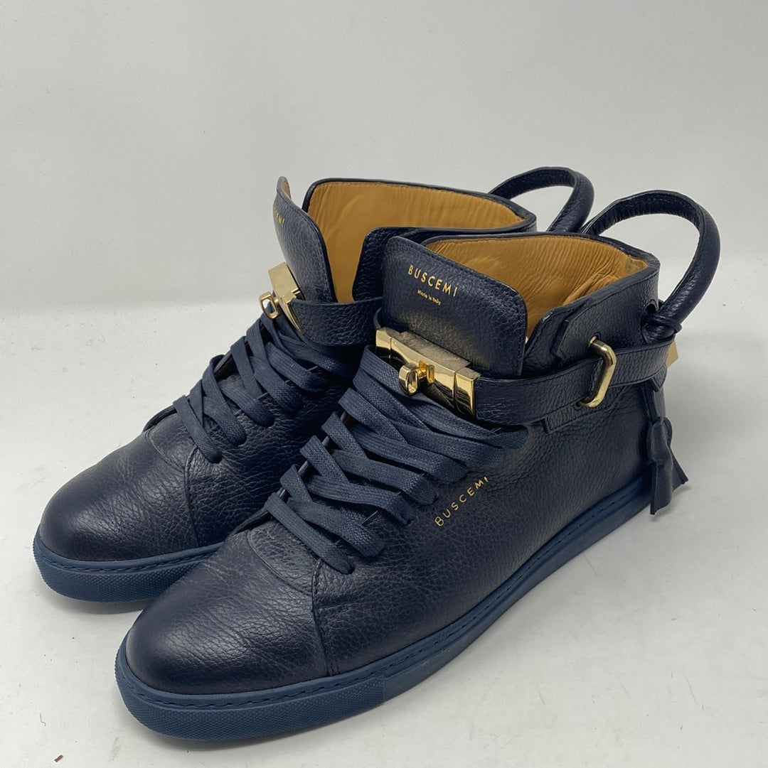 BUSCEMI Navy Leather Sneaker with Gold Lock and key The