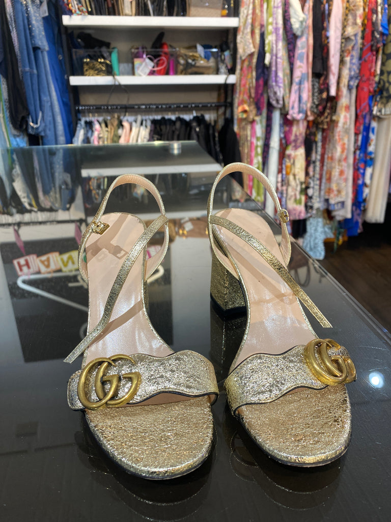 Gucci Foil Marmont Metallic Gold Block Heel Sandal