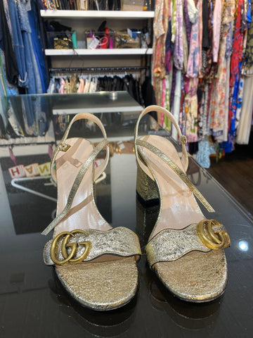 Gucci Foil Marmont Metallic Gold Block Heel Sandal