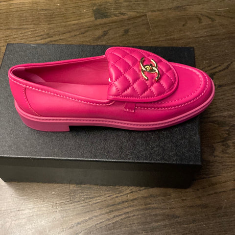 Chanel Fuschia Lambskin Quilted Silver Turnlock Loafer with Silver Hardware