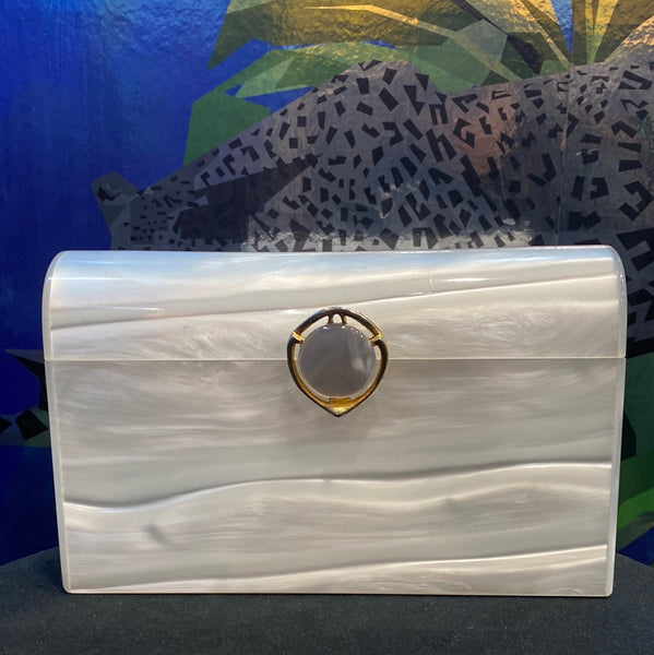 Vintage: White Marble Lucite Clutch with Gold Charm