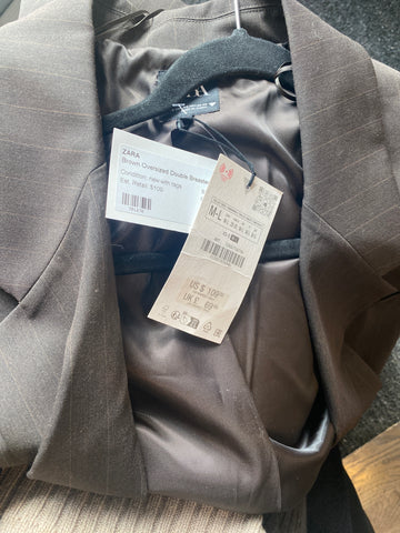 ZARA Brown Oversized Double Breasted Pinstripe Blazer
