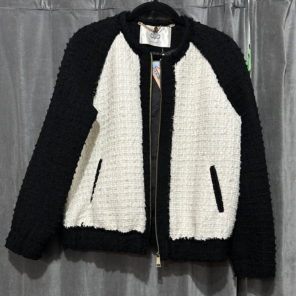 DMN PARIS Black and White Tweed Bomber Jacket