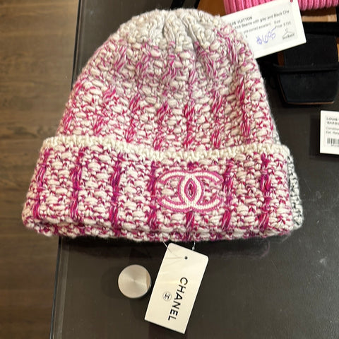 Chanel Pink and White Beanie Pink and White CC Logo