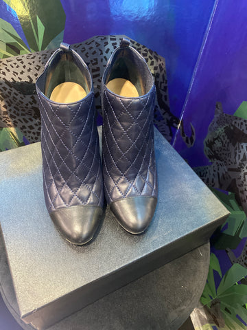 Chanel Navy Leather Quilted Elastic Side Heels Bootie with Black Toe and Silver CC