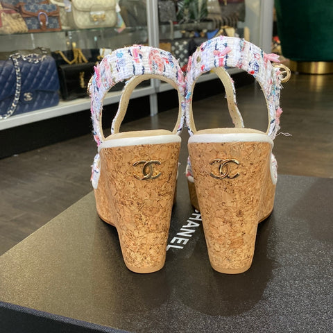 Chanel Cotton Tweed Ecru, Pink, Blue & Green Wedge Sandals