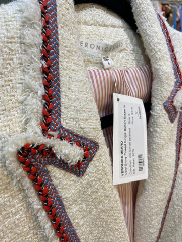 Veronica Beard Ivory Shiny Tweed Single Button Blazer with Coral Braided Trim Dickey Jacket