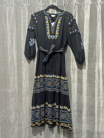 Shoshanna Black Long Sleeve Cotton V Slit Maxi Dress with Blue and Gold Embroidery