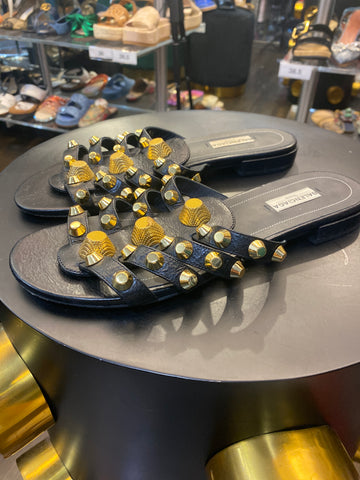 Balenciaga Black Leather Studded Flat City Slippers