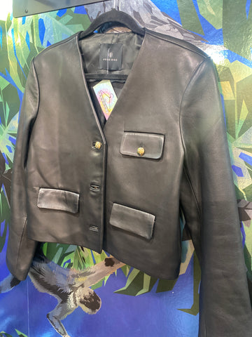 ANINE BING Black Lamb Leather V Neck CARA Cropped Jacket