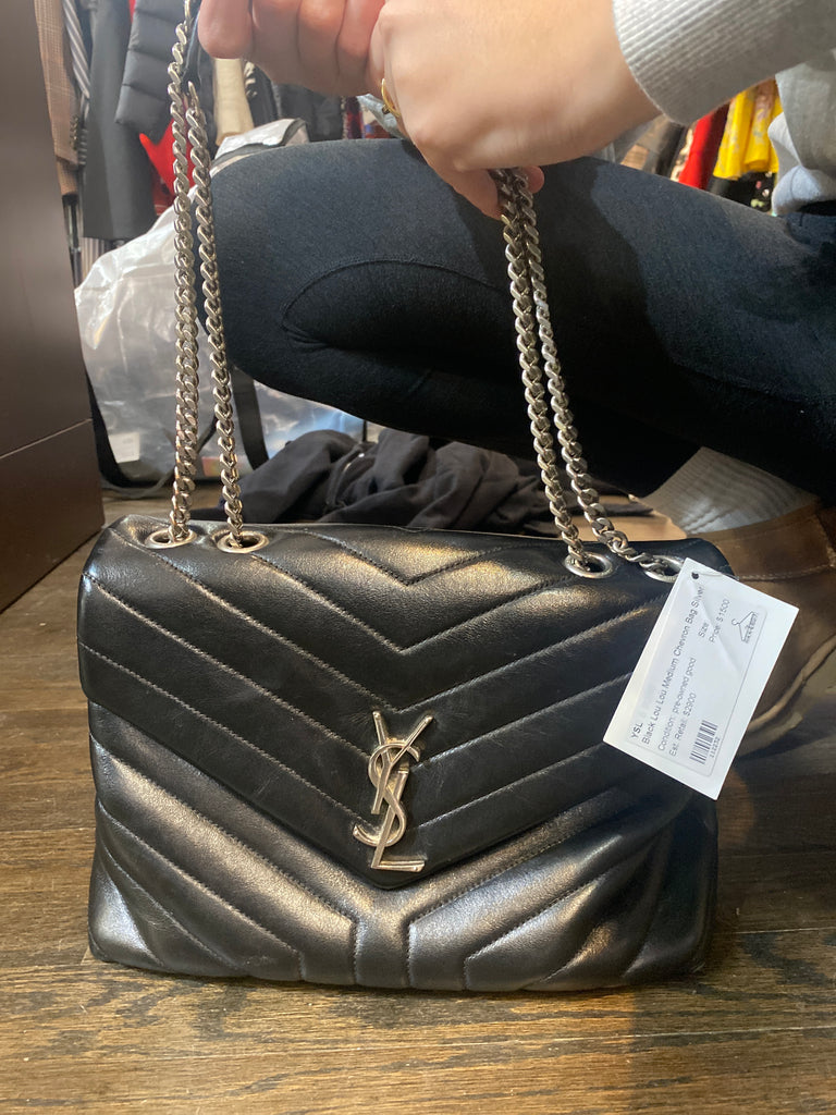 YSL Black Lou Lou Medium Chevron Bag Silver Hardware