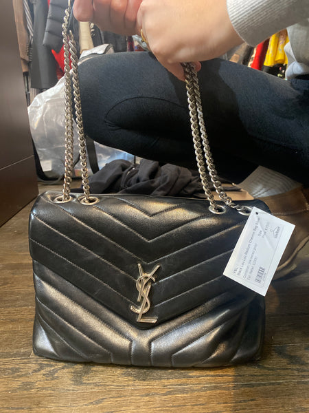YSL Black Lou Lou Medium Chevron Bag Silver Hardware