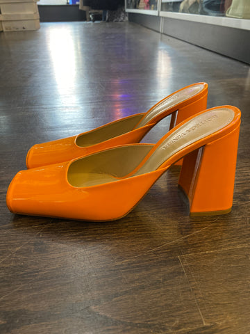 Bottega Veneta Orange Patent Leather Square Toe Mules