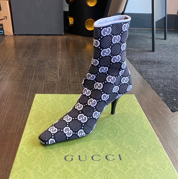 Gucci GG Black and White Knit Pointed Toe Ankle Boots