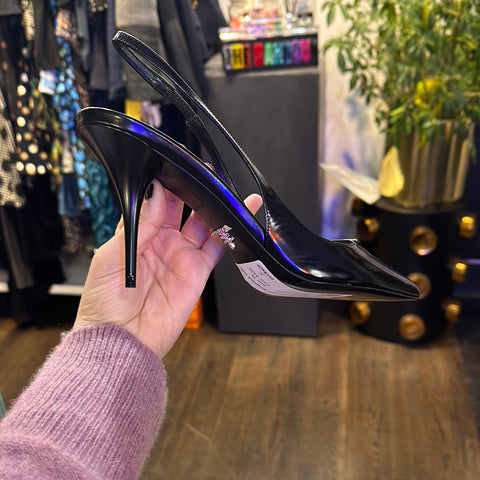 Prada Black Leather Pointed Toe Slingback with Triangle Logo