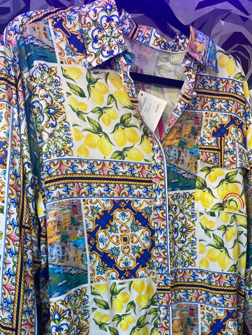 TEREZ NY Long Sleeve Lemon 'AMALFI PATCHWORK' Button Down Blouse