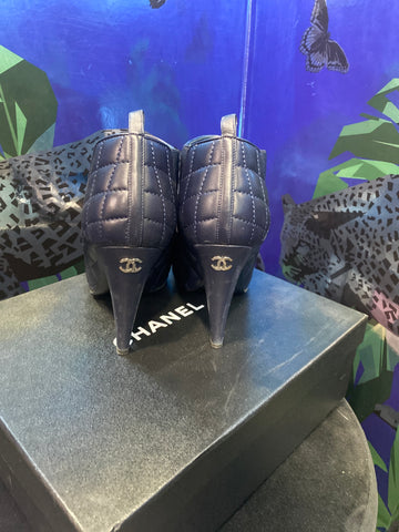 Chanel Navy Leather Quilted Elastic Side Heels Bootie with Black Toe and Silver CC