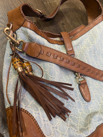 Vintage: Gucci Denim GG Supreme and Brown Leather Tassel Crossbody Bag