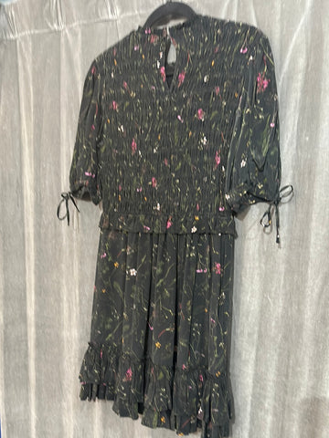 ALL SAINTS Black Floral Smocked Ruffle Bottom Dress