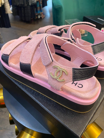 Chanel Pink Suede and Black Calfskin Dad Velcro Sandals