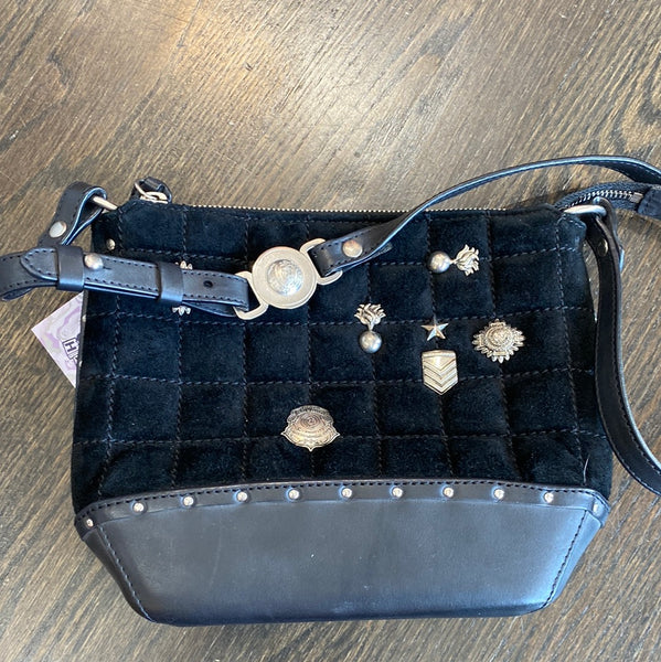 GHURKA Black Leather, Suede Handbag with Silver Charms