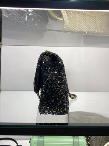 Chanel Black Green and Gold Sequin Flap Bag Gold Hardware