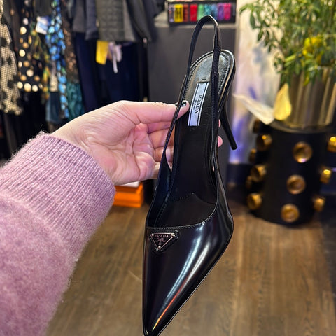 Prada Black Leather Pointed Toe Slingback with Triangle Logo