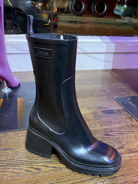 Chloe Black Square Toe Chunky Heel Zip Rain Boot 'BETTY'