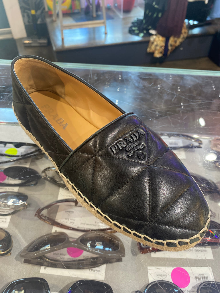 Prada Black Leather Quilted Espadrilles