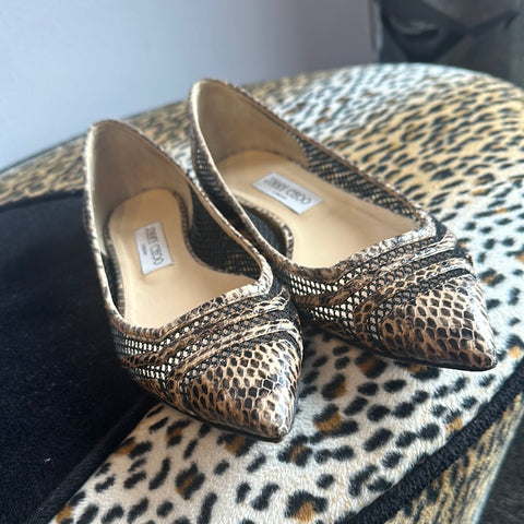 Jimmy Choo Perforated Pointed Toe Snakeskin Flats