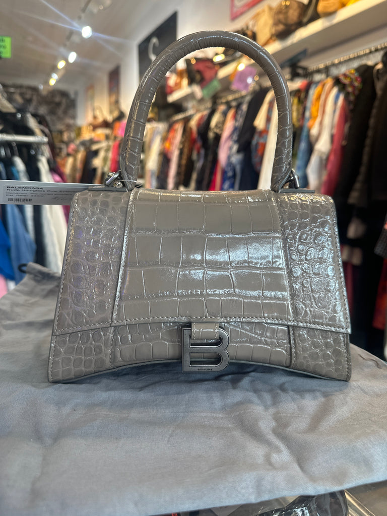 Balenciaga Nude Hourglass Croc Embossed Small Leather Bag