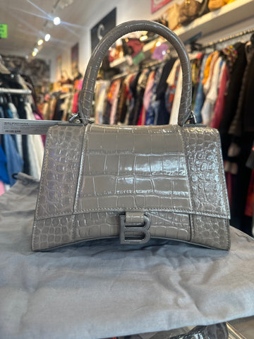 Balenciaga Nude Hourglass Croc Embossed Small Leather Bag