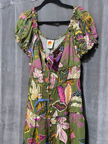 FARM RIO Dark GReen 'Wild Jungle green Midi Creset Dress'