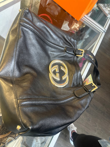 Vintage: Gucci Black Leather GOLD Double G Shoulder Bag